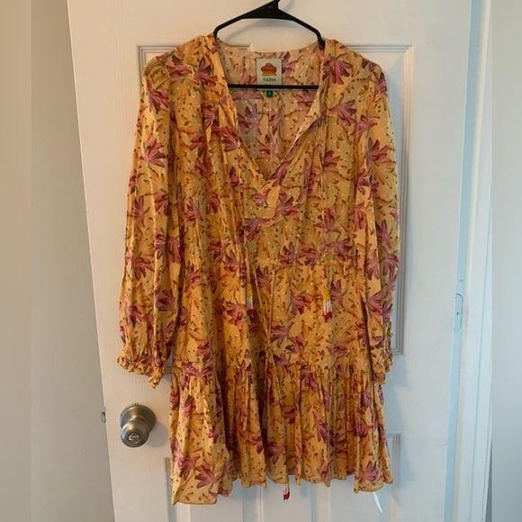 Farm Rio Yellow Floral Long Sleeved Mini Dress Size Small - Picture 2 of 6